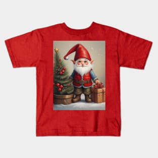 Festive Gnome Delight: Adorable Christmas Gnome Next to Tree Kids T-Shirt